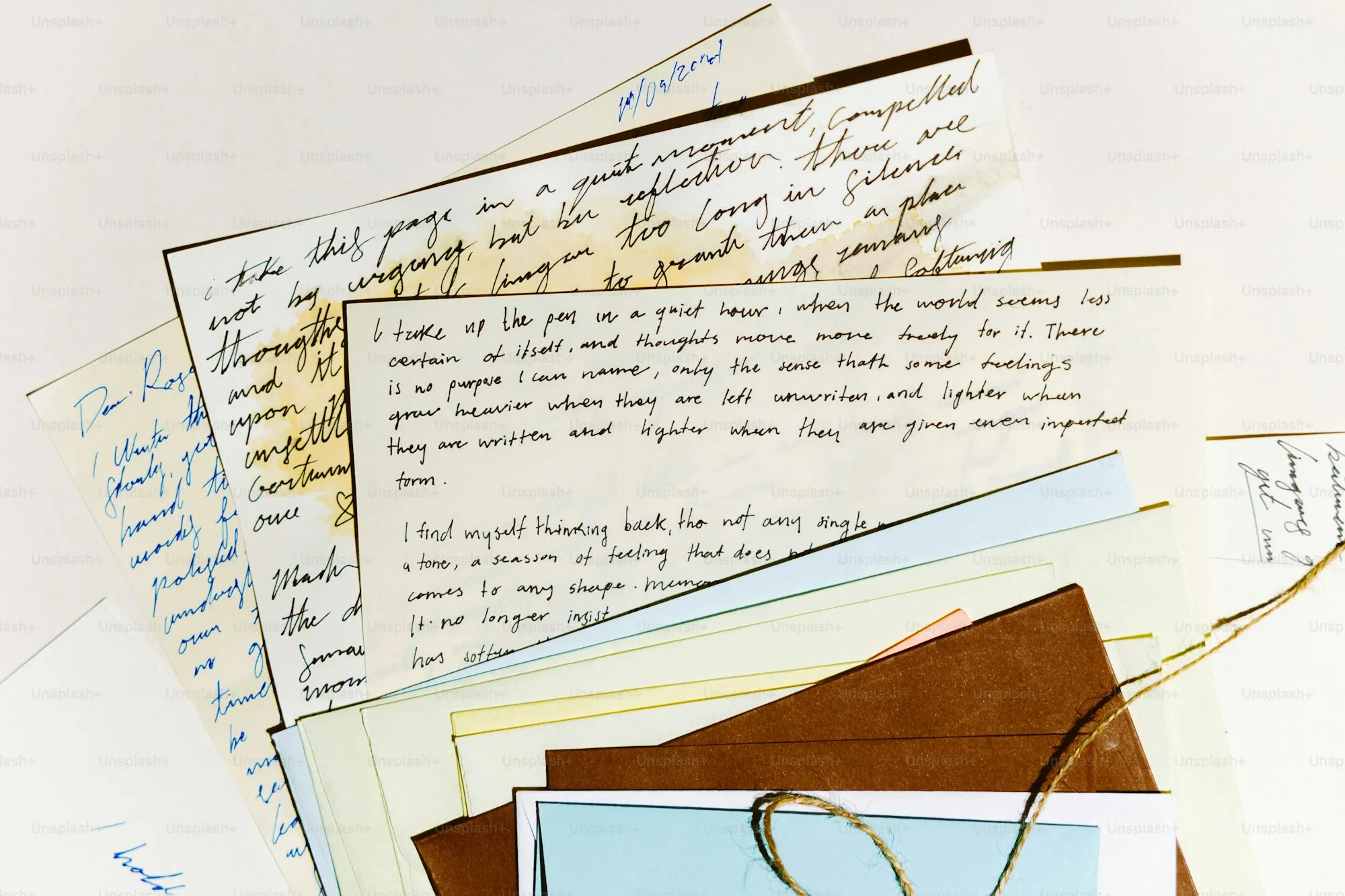 Stack of old handwritten letters and envelopes tied with string