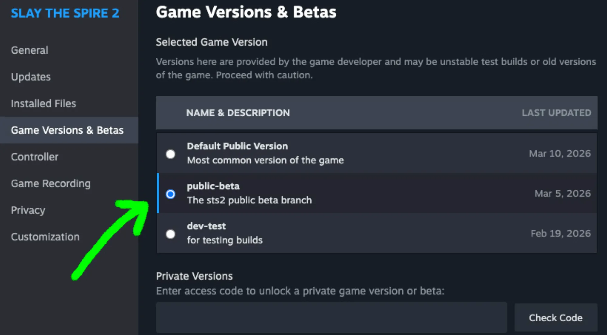 Steam beta branch opt-in showing the public-beta branch selected for Slay the Spire 2